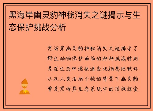 黑海岸幽灵豹神秘消失之谜揭示与生态保护挑战分析